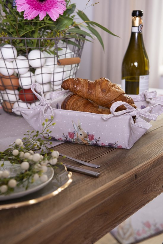 Clayre & Eef Broodmand 35*35*8 cm Grijs Beige Katoen Konijn en bloemen Broodmand stof Basket Cadeau keuken