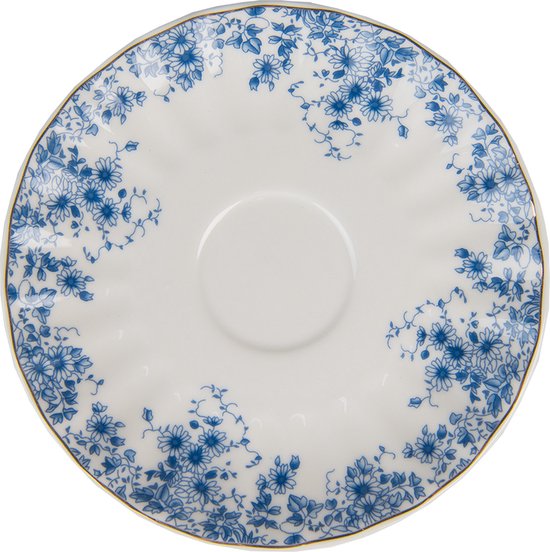 Clayre & Eef Kop en schotel 200 ml Wit Blauw Porselein Bloemen Servies Cadeau voor haar Cappuccino