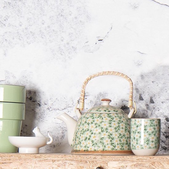 Clayre & Eef Theepot met Filter 18*14*12 cm / 700 ml Groen Keramiek Rond Bloemen Theekan Cadeau voor haar Chinese Theepot