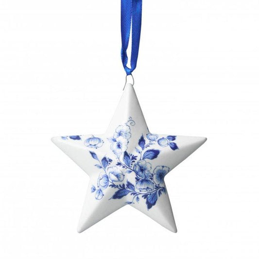 Kerstster hanger met bloemen | Heinen Delfts Blauw | 2 stuks | Kerstversiering