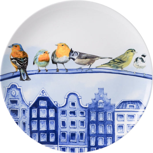 Heinen Delfts Blauw Wandbord Bosvogels In De Stad - Keramiek - Blauw - 27 x 27 x 0 cm (BxHxD)