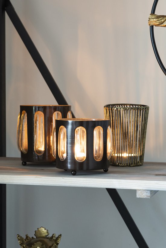 Clayre & Eef Theelichthouder Ø 14*13 cm Bruin Ijzer Glas Rond Waxinelichthouder Windlichthouder