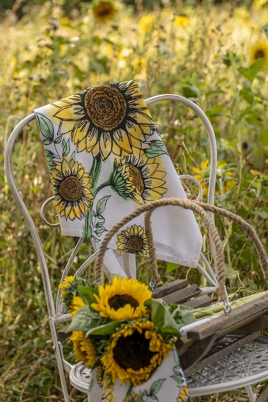 Clayre & Eef Keukenschort 70x85 cm Beige Geel Katoen Zonnebloemen BBQ Schort Cadeau voor haar Kookschort