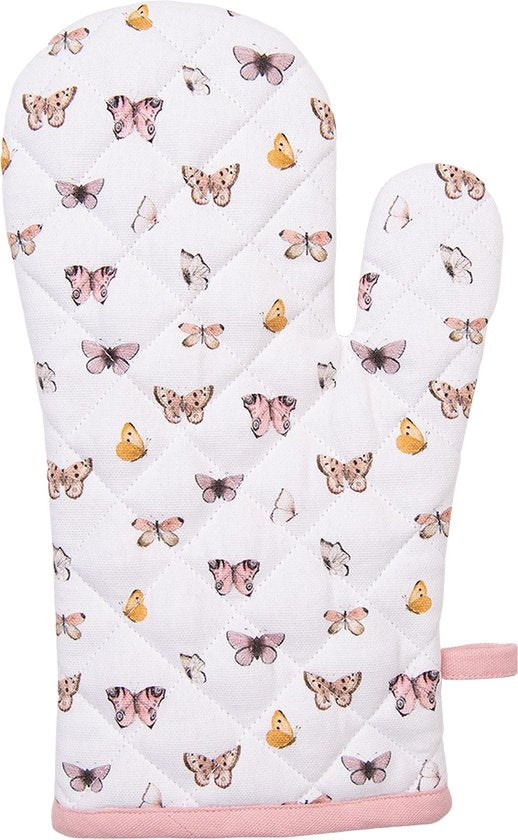 Clayre & Eef Ovenwant 18x30 cm Beige Roze Katoen Vlinders Ovenhandschoen Moederdag cadeau
