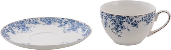 Clayre & Eef Kop en schotel 200 ml Wit Blauw Porselein Bloemen Servies Cadeau voor haar Cappuccino