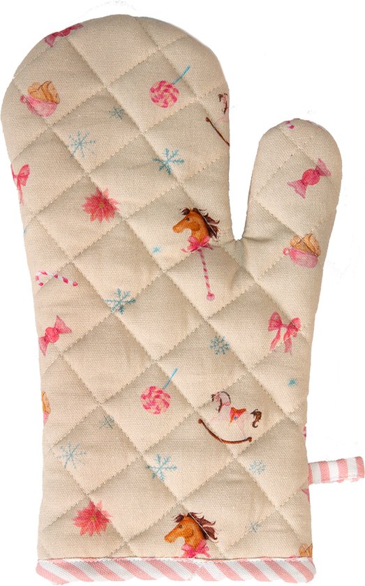 Clayre & Eef Ovenwant 18x30 cm Beige Roze Katoen Notenkraker Ovenhandschoen Cadeau voor haar