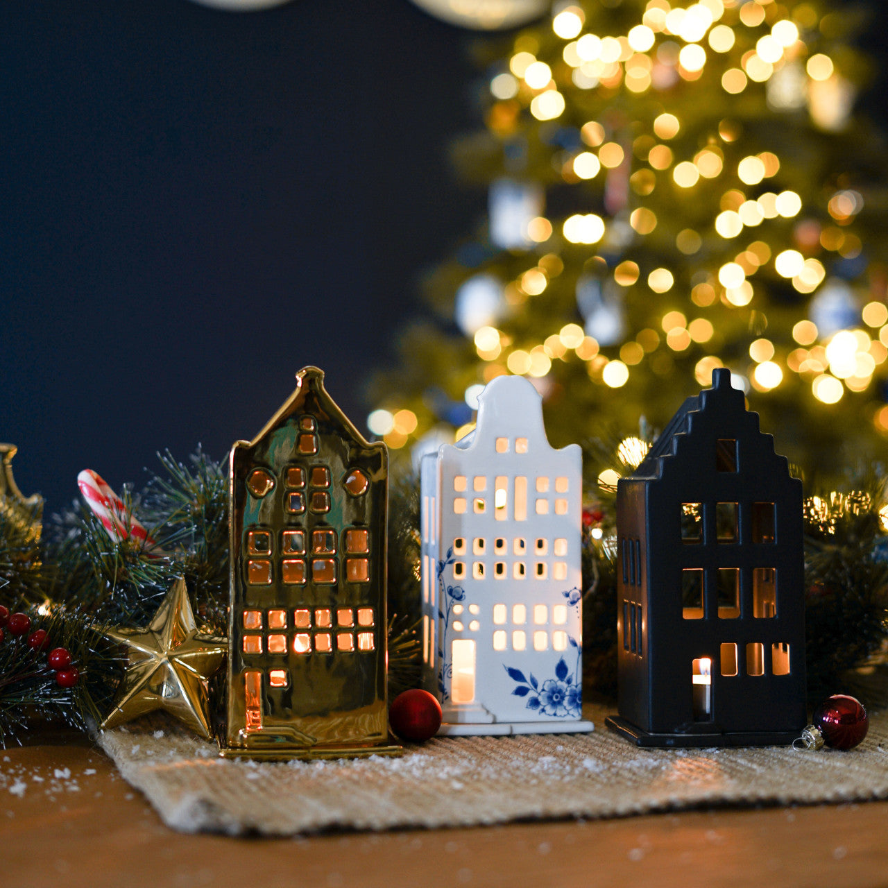 Waxinelichthouder huis trapgevel | Heinen Delfts blauw | Kerst | Delfts Blauw