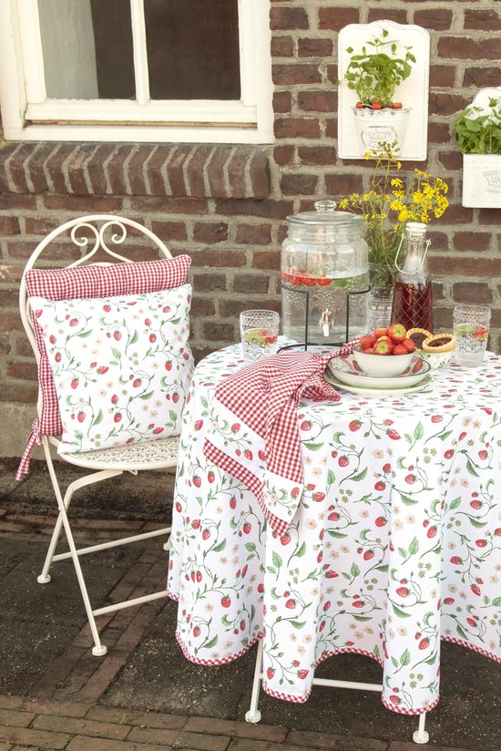Clayre & Eef Keukenschort 70*85 cm Wit Groen Rood Katoen Aardbeien BBQ Schort Cadeau voor haar Kookschort
