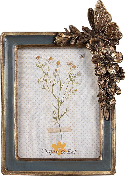 Clayre & Eef Fotolijst 13x18 cm Groen Goudkleurig Kunststof Glas Bloemen Fotokader