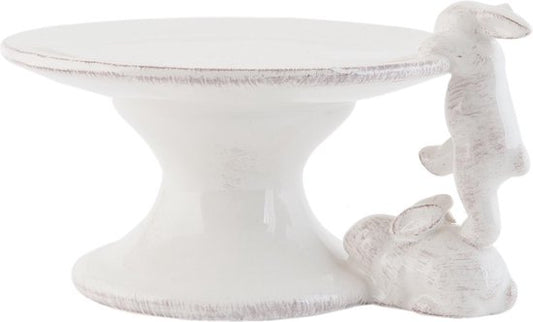 Clayre & Eef Taartplateau op voet 16*14*9 cm Wit Keramiek Rond Haasjes Etagère Taartschaal Serveerschaal