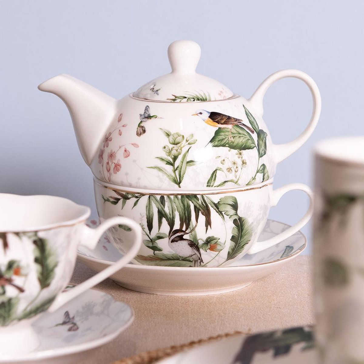 Clayre & Eef Tea for One 460 ml Wit Groen Porselein Vogels Theepot set