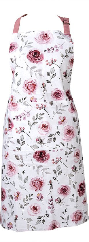 Clayre & Eef Keukenschort 70*85 cm Wit Roze Groen Katoen Rozen BBQ Schort Cadeau voor haar Kookschort