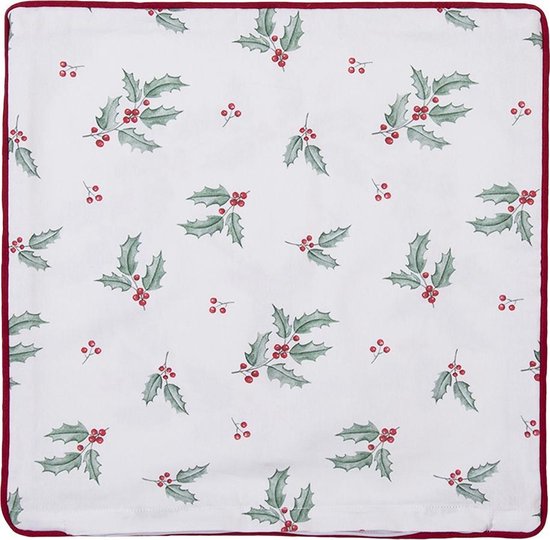 Clayre & Eef Kussenhoes 40*40 cm Wit Rood Katoen Vierkant Hulstblaadjes, rendier Sierkussenhoes Kussen hoes