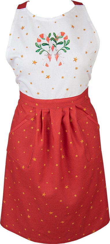 Clayre & Eef Keukenschort 70x85 cm Wit Rood Katoen Notenkrakers BBQ Schort Cadeau voor haar Kookschort