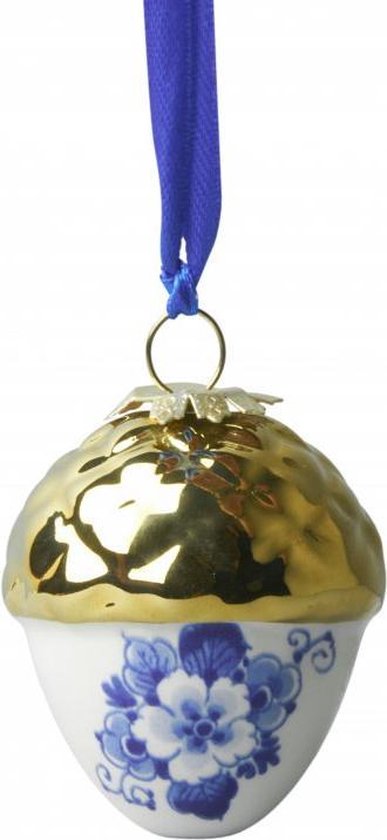Kerstbal Noot met gouden dopje | 2 stuks |  Heinen Delfts Blauw | Kerstversiering | Delfts Blauwe hanger