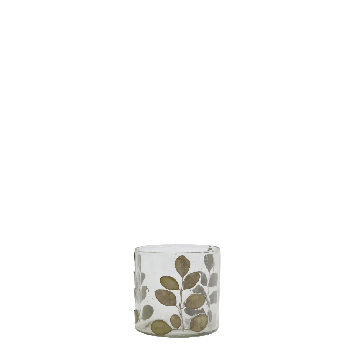 Chic Antique waxinelichthouder met Gedroogde Bladeren – Glas – Transparant – Ø 8 x 8 cm – Natuurlijke Woondecoratie
