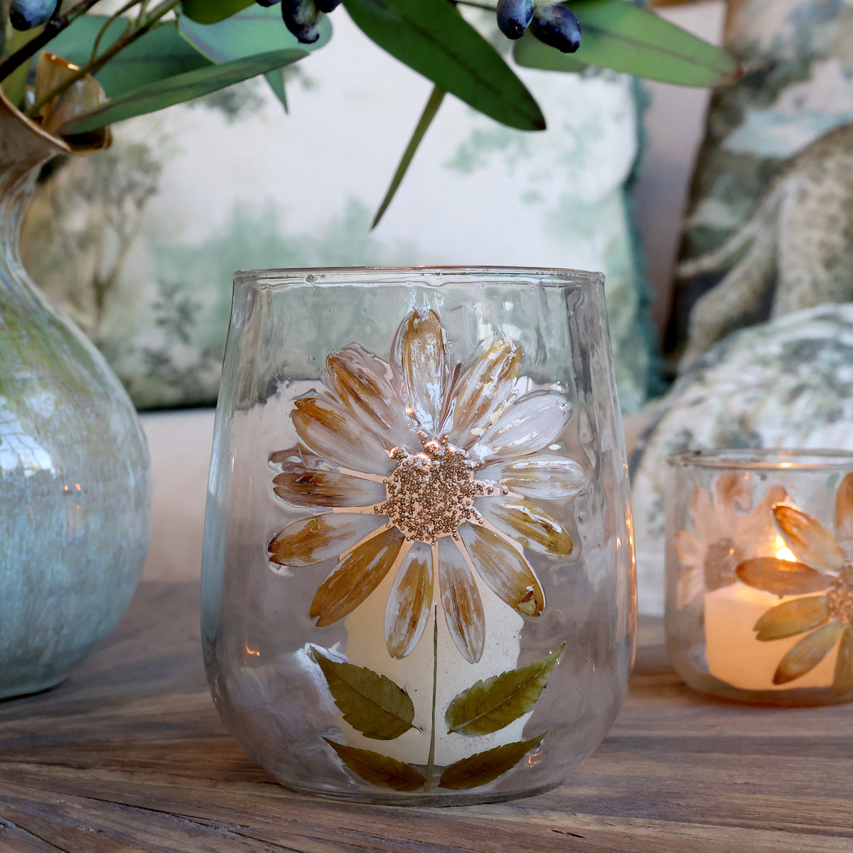 Chic Antique Glazen Windlicht met Echte Droogbloemen – Transparant – Handgemaakt – Ø 12,5 x 14 cm