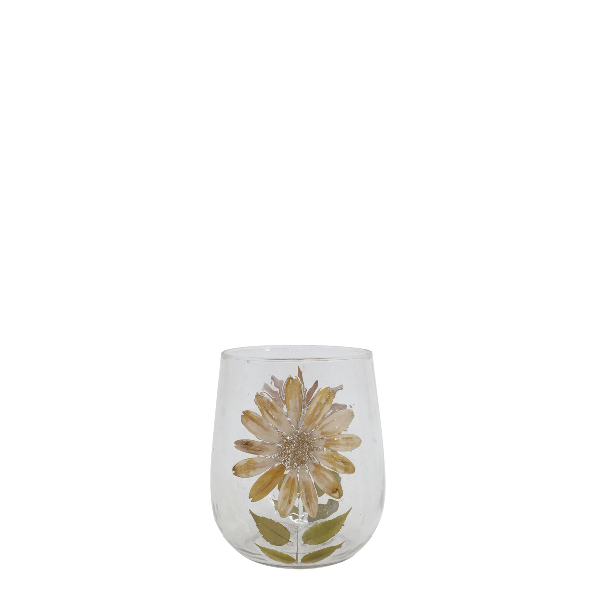 Chic Antique Glazen Windlicht met Echte Droogbloemen – Transparant – Handgemaakt – Ø 12,5 x 14 cm