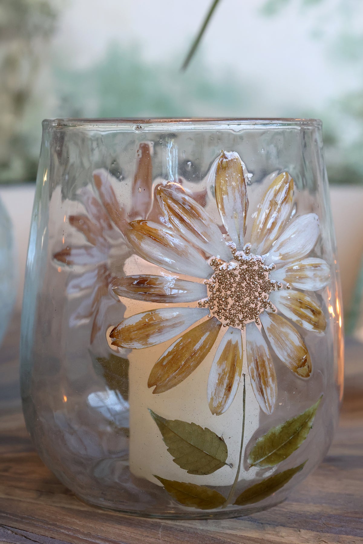 Chic Antique Glazen Windlicht met Echte Droogbloemen – Transparant – Handgemaakt – Ø 12,5 x 14 cm