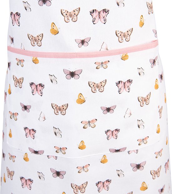Clayre & Eef Keukenschort 70x85 cm Beige Roze Katoen Vlinders BBQ Schort Cadeau voor haar Kookschort