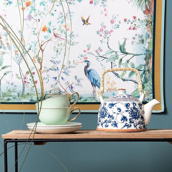 Clayre & Eef Theepot met Filter 18*14*12 cm / 700 ml Blauw Keramiek Rond Bloemen Theekan Cadeau voor haar Chinese Theepot