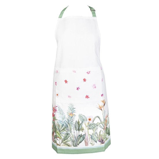 Clayre & Eef Keukenschort 70*85 cm Wit Groen Rood Katoen Tropische planten BBQ Schort Cadeau voor haar Kookschort
