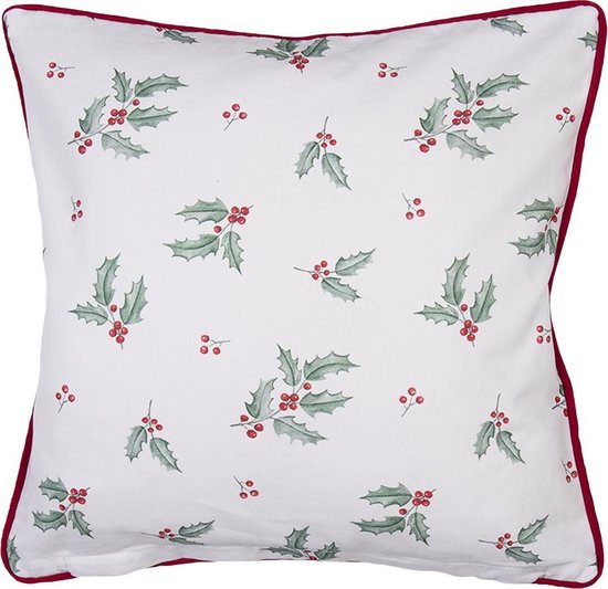 Clayre & Eef Kussenhoes 40*40 cm Wit Rood Katoen Vierkant Hulstblaadjes, rendier Sierkussenhoes Kussen hoes