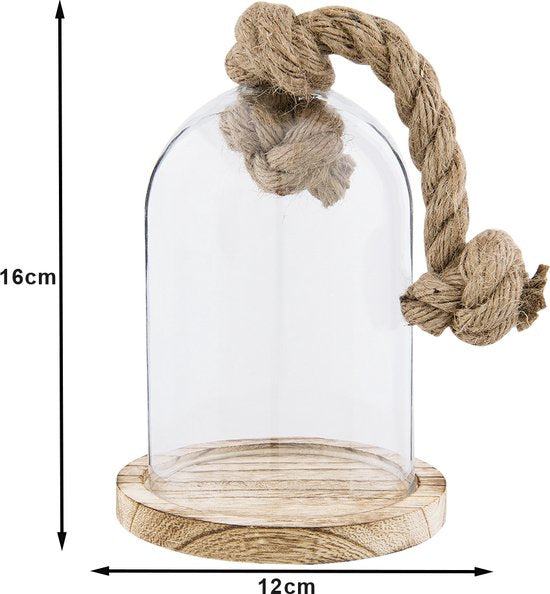 Clayre & Eef Stolp Ø 12*16 cm Transparant Hout, Glas Rond Touw Glazen Stolp Stolp op Voet