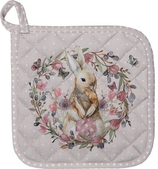 Clayre & Eef Pannenlap 20*20 cm Beige, Grijs Katoen Vierkant Konijn en bloemen Afgiet Pannenlap Afgiethulp