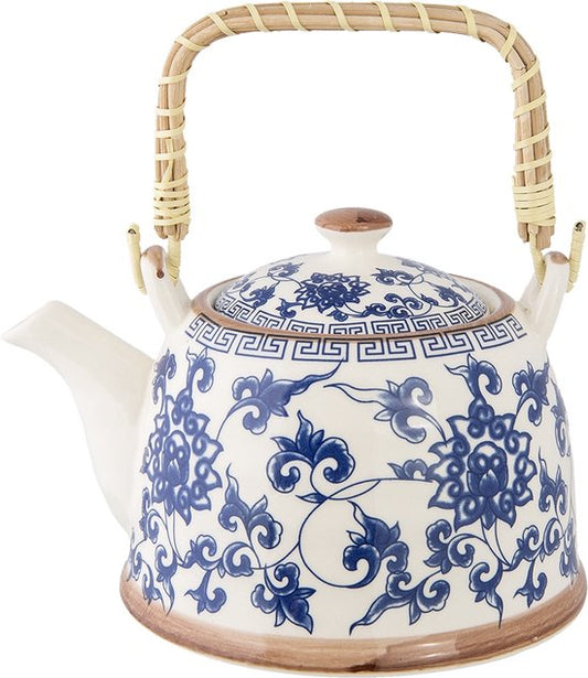 Clayre & Eef Theepot met Filter 18*14*12 cm / 700 ml Blauw Keramiek Rond Bloemen Theekan Cadeau voor haar Chinese Theepot