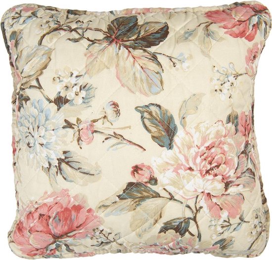 Clayre & Eef Kussenhoes 40*40 cm Beige Roze Polyester Katoen Vierkant Bloemen Sierkussenhoes Kussen hoes