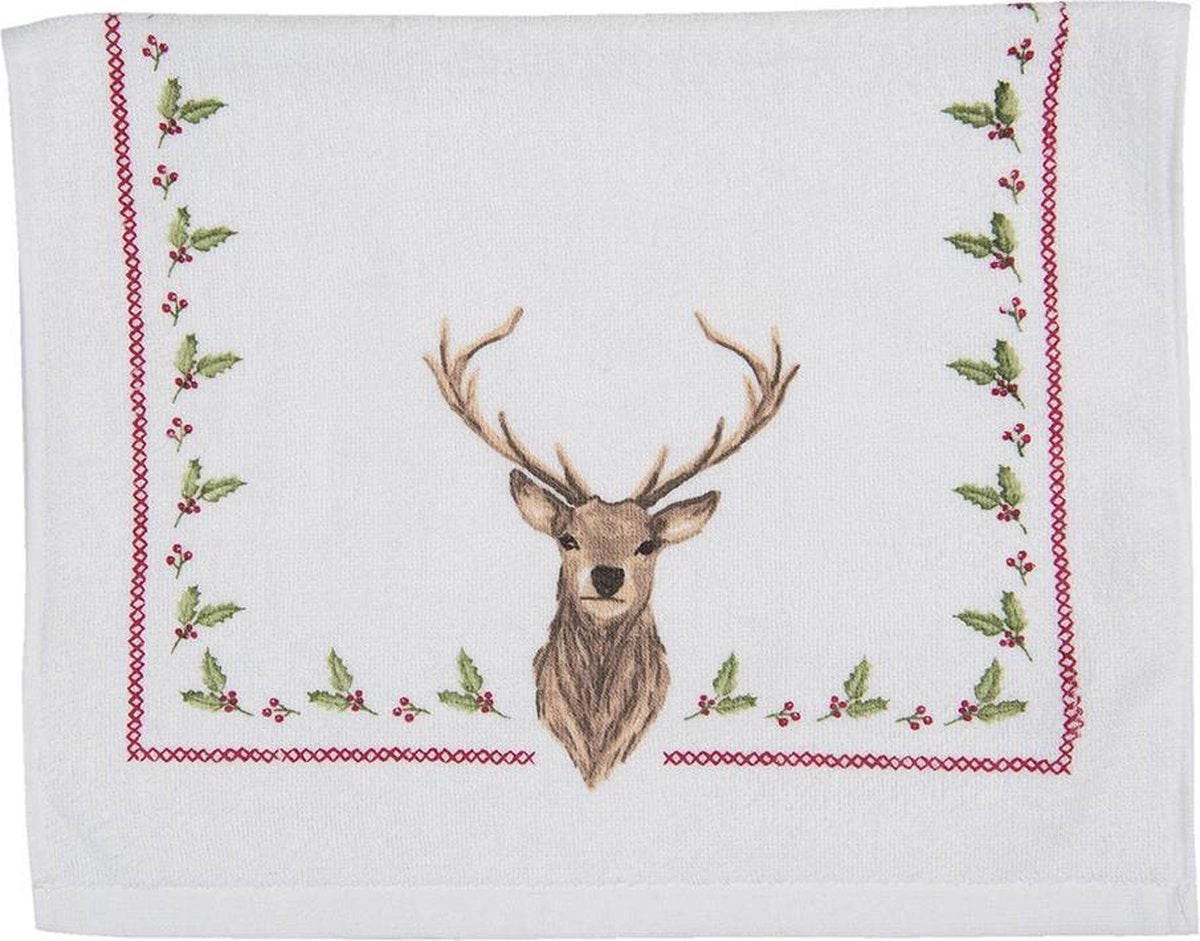 Clayre & Eef Gastendoekje 40x66 cm Beige Bruin Katoen Rechthoek Hert Toilet Handdoek Kleine Handdoek