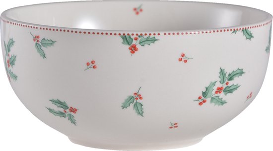 Clayre & Eef Soepkom Ø 14*7 cm Creme Keramiek Rond Hulstblaadjes Serveerkom Kommen Rijstkom