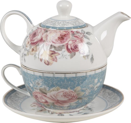 Clayre & Eef Tea for One 16*10*14 cm / 400 ml / 250 ml Blauw Wit Porselein Bloemen Theepot set Cadeau voor haar Theepot met Kopje