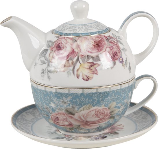 Clayre & Eef Tea for One 16*10*14 cm / 400 ml / 250 ml Blauw Wit Porselein Bloemen Theepot set Cadeau voor haar Theepot met Kopje
