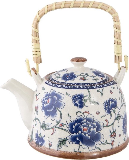 Clayre & Eef Theepot met Filter 18*14*12 cm / 700 ml Blauw Keramiek Rond Bloemen Theekan Cadeau voor haar Chinese Theepot