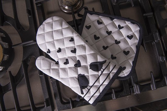 Clayre & Eef Ovenwant 18*30 cm Wit Zwart Katoen Vogeltjes Ovenhandschoen Cadeau voor haar