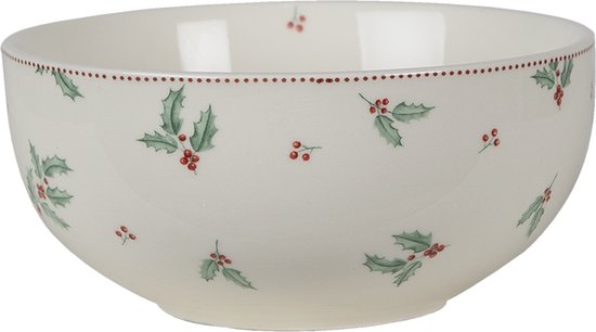 Clayre & Eef Soepkom Ø 14*7 cm Creme Keramiek Rond Hulstblaadjes Serveerkom Kommen Rijstkom