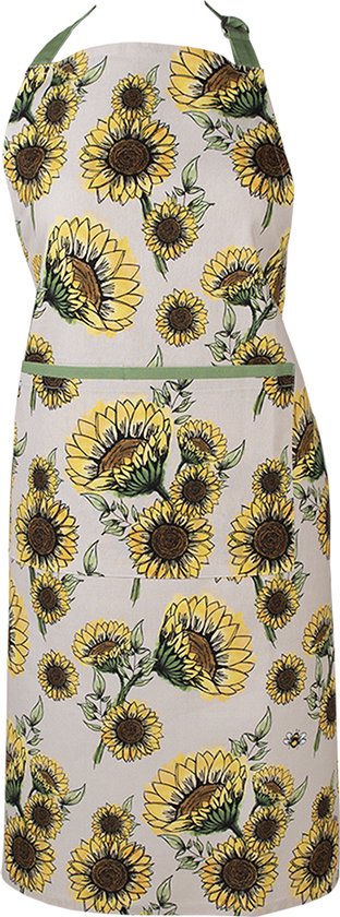 Clayre & Eef Keukenschort 70x85 cm Beige Geel Katoen Zonnebloemen BBQ Schort Cadeau voor haar Kookschort