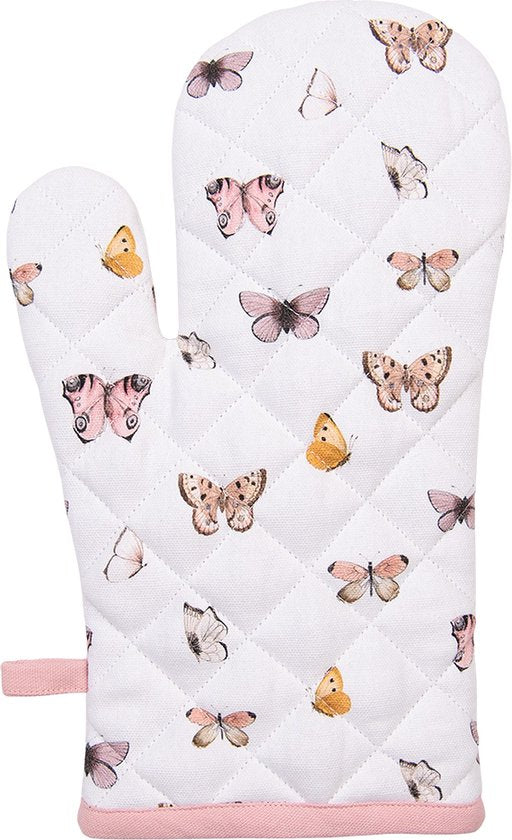 Clayre & Eef Ovenwant 18x30 cm Beige Roze Katoen Vlinders Ovenhandschoen Moederdag cadeau