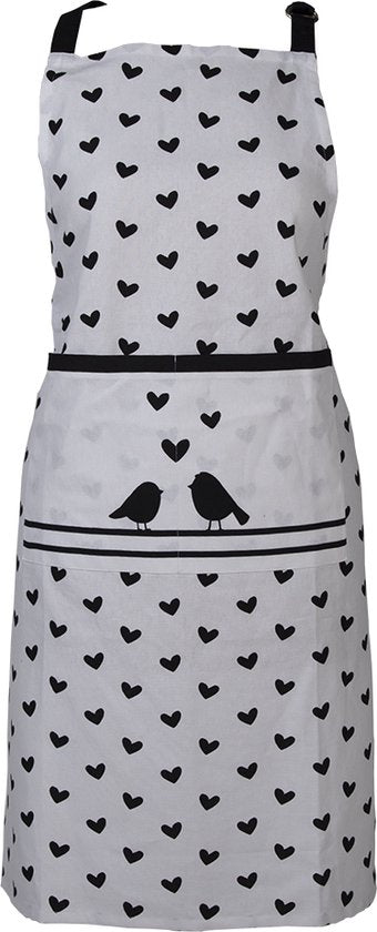 Clayre & Eef Keukenschort 70*85 cm Wit Zwart Katoen Hartjes en vogels BBQ Schort Cadeau voor haar Kookschort