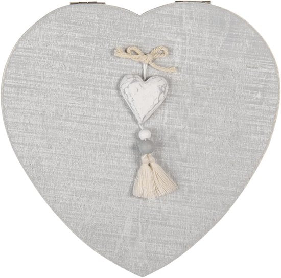 Clayre & Eef Opbergdoos 18*18*6 cm Grijs Wit Hout Hartvormig Hart Opbergbox