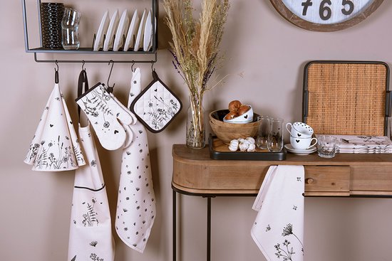 Clayre & Eef Keukenschort 70x85 cm Beige Zwart Katoen Bloemen BBQ Schort