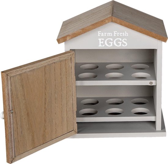 Clayre & Eef Eierkastje Huis 19*13*23 cm Bruin Hout Kip Farm Fresh Eggs Eierhouder