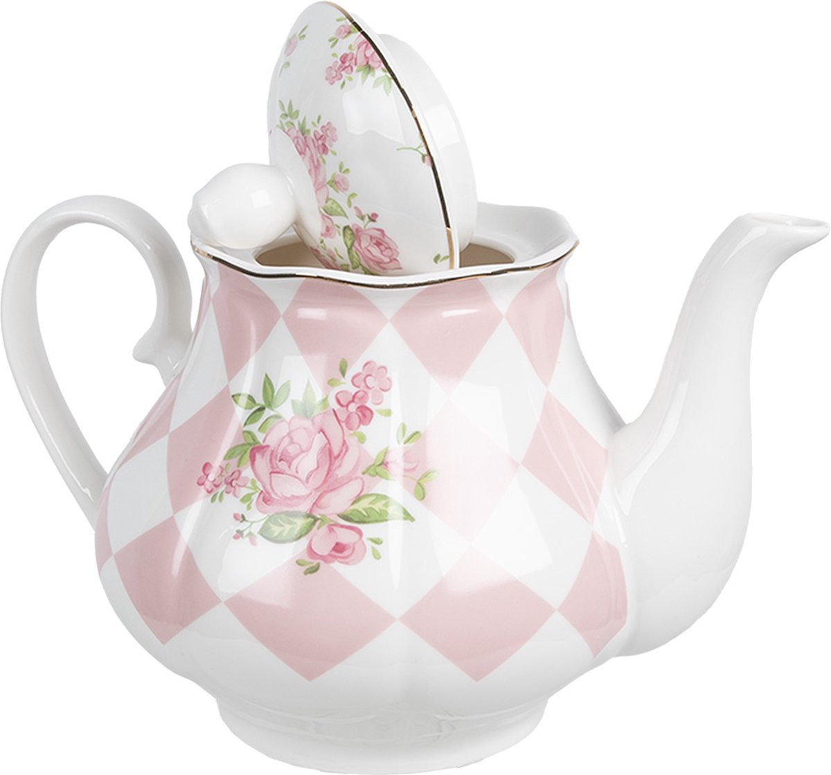Clayre & Eef Theepot 1000 ml Roze Wit Porselein Rozen