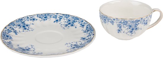 Clayre & Eef Kop en schotel 200 ml Wit Blauw Porselein Bloemen Servies Cadeau voor haar Cappuccino
