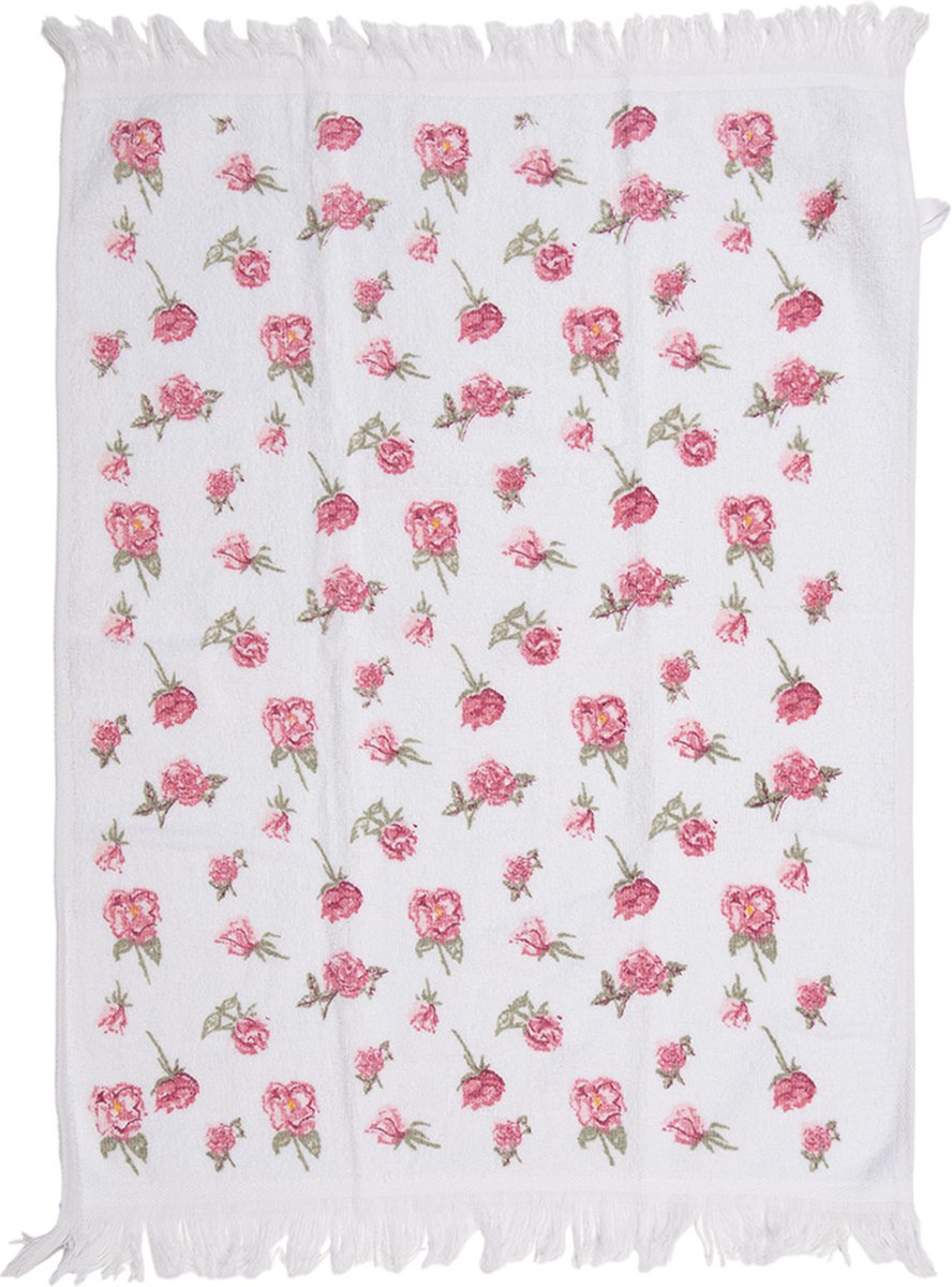 Clayre & Eef Gastendoekje 40x66 cm Wit Roze Katoen Roosjes Toilet Handdoek