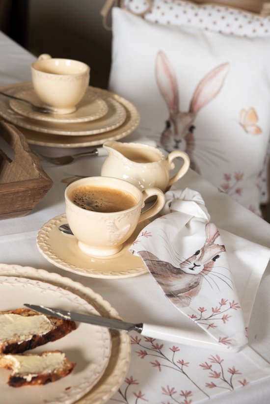 Clayre & Eef Kop en schotel 12*9*7 cm / Ø 15*2 cm / 200 ml Beige Keramiek Rond Kip Servies Cadeau voor haar Cappuccino