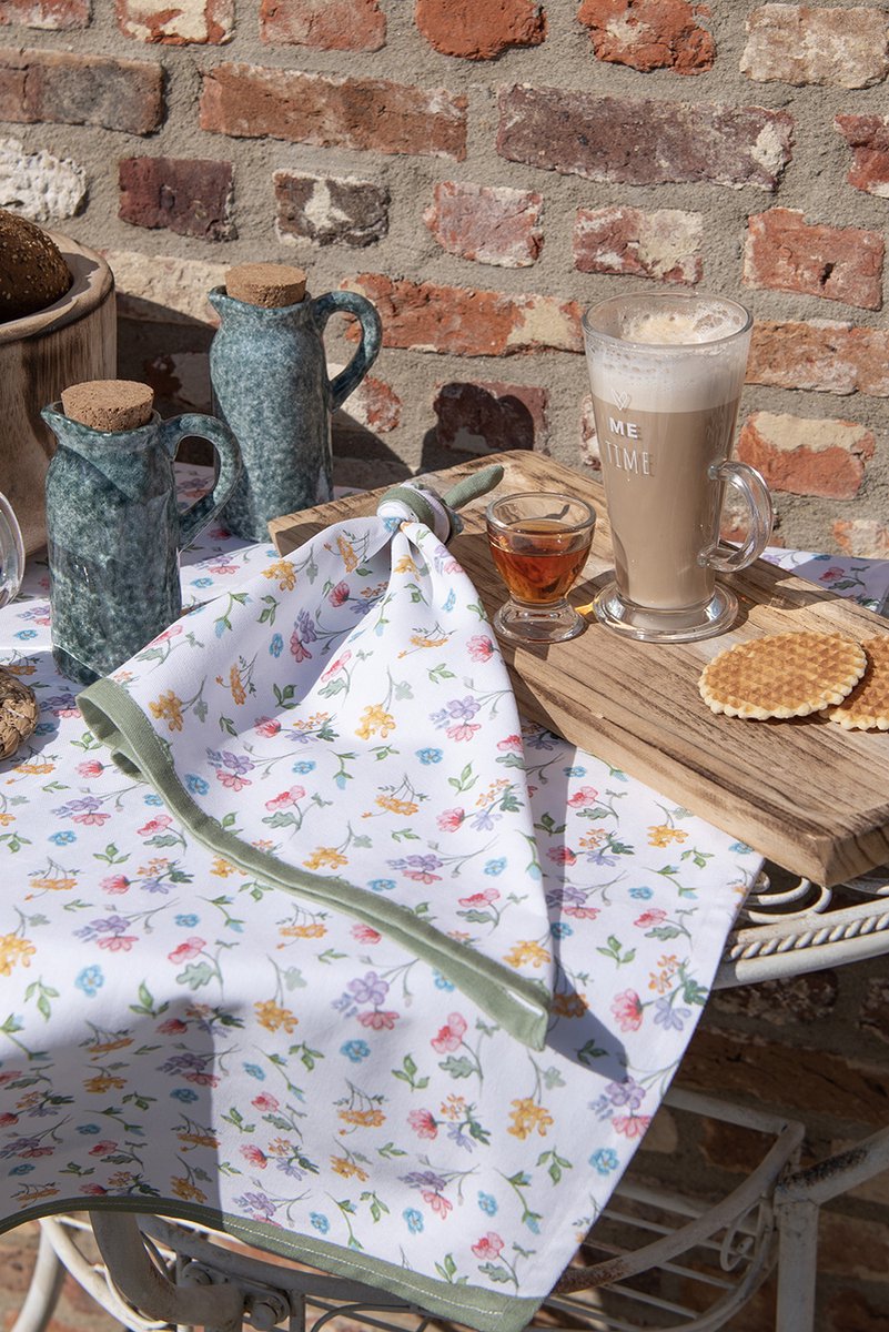 Clayre & Eef Ovenwant 18x30 cm Wit Groen Katoen Bloemen