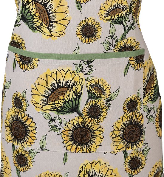 Clayre & Eef Keukenschort 70x85 cm Beige Geel Katoen Zonnebloemen BBQ Schort Cadeau voor haar Kookschort